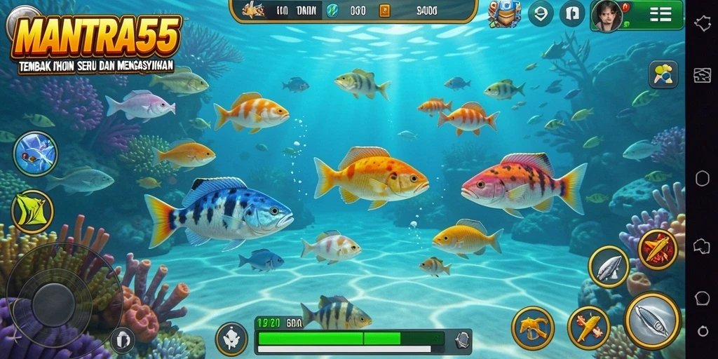 Screenshot utama MANTRA55 menampilkan pemain yang sedang menembak ikan.